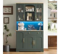 Buffet haut de cuisine vitré, LED RGB, rangement vert de 100 cm | MDF et panneaux de particules, verre trempé, étagères réglables et tiroir ; style vintage pour cuisine ou salle à manger
