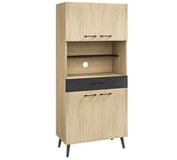 HOMCOM Armoire de Cuisine Buffet de Cuisine Multi-rangements étagères réglables Hauteur 178 cm avec tiroir 2 placards 1 Niche et Passe-câbles Noir et Bois Naturel
