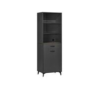 Buffet haut design industriel multi-rangement - porte avec ï¿½tagï¿½re, tiroir, 3 niches - piï¿½tement mï¿½tal noir MDF gris