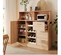 Buffet haut en MDF bois clair et blanc 120 x 40 x 121 cm avec LED prise range-bouteilles et porte-verres