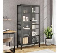 Buffet Haut Étagère Rangement Moderne Noir Verre Cannelé Acier 85x40x180 cm, Grand Meuble de Salon et Salle à Manger avec 4 Étagères Réglables et Niveleurs, Design Contemporain pour Décor