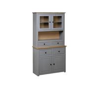 vidaXL Pin Massif Buffet Armoire de Rangement Commode Meuble de Rangement avec Un Compartiment Ouvert 4 Tiroirs 2 Portes et 2 Portes en Verre Maison Gris 93x40,5x180 cm