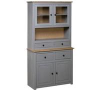 vidaXL Pin Massif Buffet Armoire de Rangement Commode Meuble de Rangement avec Un Compartiment Ouvert 4 Tiroirs 2 Portes et 2 Portes en Verre Maison Gris 93x40,5x180 cm