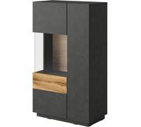 Buffet haut KILES avec LED, 2 portes, anthracite et chêne, porte vitrée à gauche