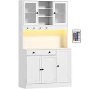 HOMCOM Armoire de Cuisine avec LED et multiprise, Buffet Cuisine Meuble de Rangement avec placards et tiroir, Portes vitrées, télécommande Inclus, pour Salle à Manger, Salon, 103x40x180cm, Blanc