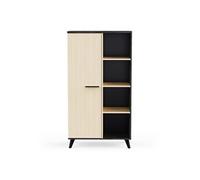 Buffet haut meuble de rangement 1 porte 4 niches couleur chêne / anthracite - Largeur 83 x Profondeur 39,2 x Hauteur 153,9 cm - -