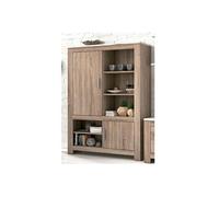 Buffet haut, meuble de rangement coloris Chene truffe, blanc vieilli - Longueur 112 x Profondeur 37 x Hauteur 158,6 cm --
