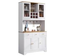 Buffet haut - Meuble multifonction de style maison de campagne avec 5 portes, 3 tiroirs et vitrine - Blanc avec grain de bois et charnières amortissantes - 175 cm - Espace de rangement polyvalent pour