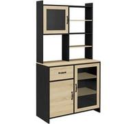 HOMCOM Armoire de Cuisine Buffet Cuisine Meuble de Rangement avec 1 tiroir 3 placards étagères 2 Portes vitrées - 90 x 39 x 177 cm Noir Naturel