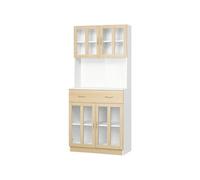 HomCom Buffet haut de cuisine 4 portes, vitrine verre, tiroir coulissant, blanc aspect chêne clair