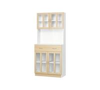 HOMCOM Buffet Armoire de Cuisine Multi-Rangement 4 Portes vitrine Verre avec étagère tiroir Coulissant Grand Plateau en Bois chêne Clair
