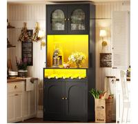 Buffet haut Noir avec LED RGB App, 4 portes vitrées cintrées, range-bouteilles et étagères réglables - UVRION
