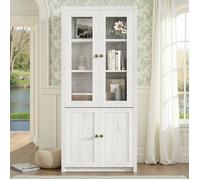 Buffet Haut - Novélys - 80x171cm - 4 Portes (2 Vitrées) & Poignées Cuivrées - Vaisselier Scandinave - Bois Clair