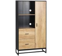Buffet haut porte 3 étagères 2 tiroirs 2 niches acier noir bois clair