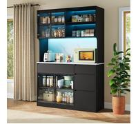 Buffet Haut Salle à Manger 180 cm LEMLIT Vaisselier Vitrine LED Effet Marbre Étagères Ouvertes Grand Rangement - Noir et Blanc
