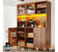 Buffet haut salle à manger -Meuble vaisselier cuisine avec éclairage LED -Armoire vitrine 140×40×185 cm,Style rétro, couleur noix