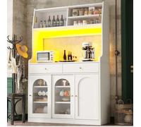 Buffet haut salle a manger -Meuble vaisselier cuisine avec éclairage LED -Armoire vitrine blanc avec 2 tiroirs -120x40x190 cm