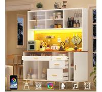 Buffet haut salle à manger -Meuble vaisselier cuisine avec éclairage LED -Armoire vitrine blanc -Dimensions: 145×24×171 cm