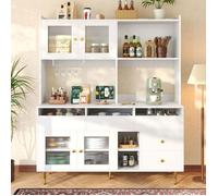 Buffet haut salle a manger -Meuble vaisselier cuisine avec éclairage LED -Armoire vitrine blanc -Dimensions: 145 x 39 x 171 cm