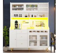 Buffet haut salle à manger -Meuble vaisselier cuisine avec éclairage LED -Armoire vitrine -étagère à vin, 145×39×171 cm, blanc