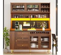 Buffet haut salle à manger -Meuble vaisselier cuisine avec éclairage LED -Armoire vitrine -étagère à vin, 145×39×171 cm,noyer