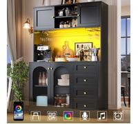Buffet haut salle à manger noir -Meuble vaisselier cuisine avec éclairage LED-Armoire vitrine style rustique,120 x 40 x 188 cm