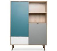 Buffet haut - Chêne Sonoma, blanc, gris et bleu - Style scandinave - CUBA - L 103 x P 40 x H 139 cm