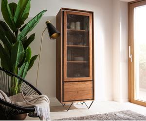 Buffet-Haut Stonegrace 60x180 cm acacia marron plaqué pierre 1 porte 2 tiroirs pied en V noir