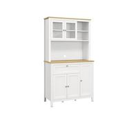HOMCOM Armoire de cuisine, buffet cuisine avec plan de travail, vaisselier large avec 3 placards, tiroir, niches, passe-câble, étagères réglables et portes vitrées, style moderne, 100x40x180 cm, blanc