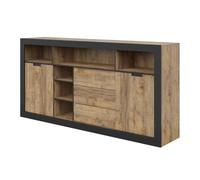 Buffet Haut XL MEUNIER - 2 Portes coulissantes, 3 tiroirs & 6 niches - Chêne Samdal & Noir Mat