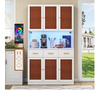 Buffet haute de cuisine 182 cm avec éclairage LED Prise de Courant + USB Ports et étagères réglables 6 Portes 3 Tiroirs Blanc+Rouge