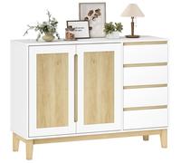 HOMCOM Buffet, Meuble de Rangement avec 2 Portes et 4 tiroirs, étagère réglable, Pieds en Bois de Caoutchouc, Style Nordique, Buffet Salle à Manger, Cuisine et Salon, 120 x 40 x 86 cm, Blanc et chêne