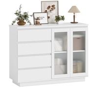 Buffet - HOMCOM - 4 tiroirs et 2 portes en verre trempé, étagère réglable - panneau de particules et MDF - 120 x 40 x 91 cm - blanc