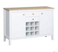 HOMCOM Buffet Meuble de Rangement avec 2 tiroirs, 2 Portes étagères réglables et Porte-Bouteilles pour 9 Bouteilles, 110 x 35 x 75 cm, Blanc et Bois Naturel