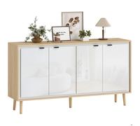 Buffet - HOMCOM - haute brillance - 4 portes, étagère réglable - panneau de particules et MDF - 141 x 35 x 77 cm - blanc et chêne