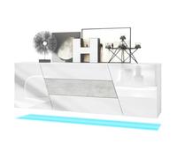 Buffet Houston VLADON - 2 portes 3 tiroirs - Blanc brillant - Aspect béton oxyde - LED inclus