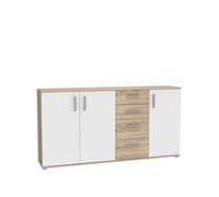 Buffet IKOLI - 3 portes, 4 tiroirs - Décor chêne Sonoma et blanc - L159,3 x P31,4 x H81,7 cm - Poignées en plastique