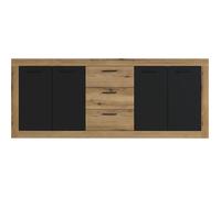 Buffet INDUS Mélaminé chêne et noir - 4 portes + 3 tiroirs - Style industriel - L 206 x P 45 x H 83,5 cm STONE