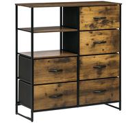 Buffet industriel 6 tiroirs 2 niches plateau acier noir aspect bois