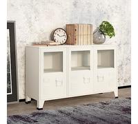 Buffet industriel blanc 105 x 35 x 62 cm en métal et verre avec espace de rangement, compartiments, fentes d'aération et porte-étiquette pour un rangement élégant