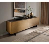 Buffet Kazu 220 cm Or métallique 4 portes flottantes Métal noir Céramique Laminam®Noir Desir Marron
