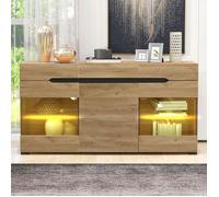 Buffet LED 3 portes 3 tiroirs avec vitrines acryliques, pour salon et salle à manger, 140 x 35 x 80 cm, chêne