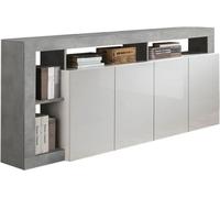 Buffet MAESTRO -Reproduction béton et blanc laqué brillant - 4 portes - L 184 x P 42 x H 93 cm