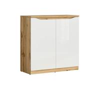 Buffet Meuble bas de rangement à 2 portes, coloris chêne Wotan/blanc brillant - Longueur 90 x Profondeur 39,5 x Hauteur 91,5 cm