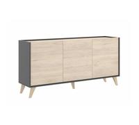 Buffet Meuble de rangement 3 portes coloris graphite/naturel - Longueur 155 x Hauteur 75 x Profondeur 43 cm --
