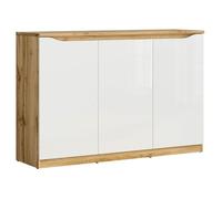 Buffet Meuble de rangement à 3 portes, coloris chêne Wotan/blanc brillant - Longueur 135 x Profondeur 39,5 x Hauteur 91,5 cm
