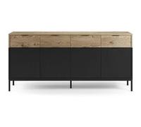 PEGANE Buffet, Meuble de Rangement avec 4 Portes et 4 tiroirs Aspect Bois Coloris chêne et Pieds en métal Noir - Longueur 180 x Profondeur 40 x Hauteur 80 cm