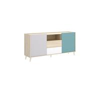 Buffet meuble de rangement coloris naturel et emeraude - Longueur 155 x Hauteur 75 x Profondeur 43 cm --