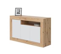 Buffet meuble de rangement en panneau de particules mélaminé blanc mat et chêne - Hauteur 87 x Longueur 144 cm x Profondeur 42 cm