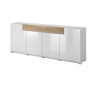 Buffet - MEUBLORAMA - OHIO - 4 portes - Grand tiroir - Blanc - Finitions chêne
